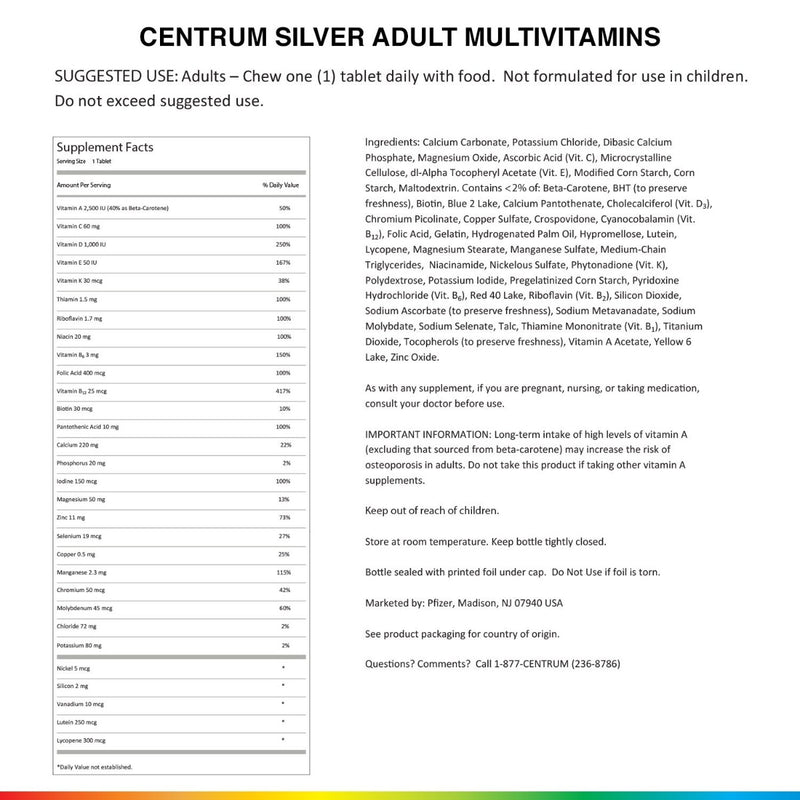 Pfizer Centrum Silver Adults 50+ 220 Tablets
