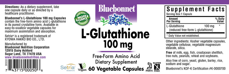 Bluebonnet Nutrition L-Glutathione 100 mg 60 Veg Capsules