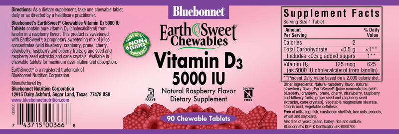 Bluebonnet Nutrition Earth Sweet Chewables Vitamin D3 5,000 IU 90 Chewable Tablets