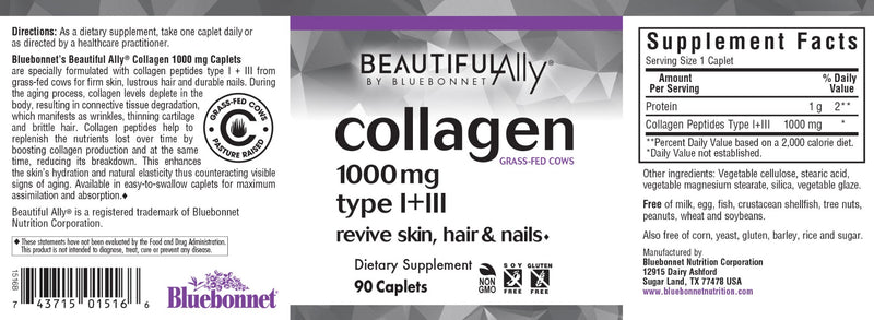 Bluebonnet Nutrition Beautiful Ally Collagen Type I + III 1,000 mg 90 Caplets