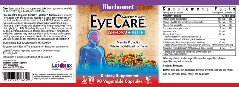 Bluebonnet Nutrition Targeted Choice Eye Care Areds2 + Blue 90 Veg Capsules