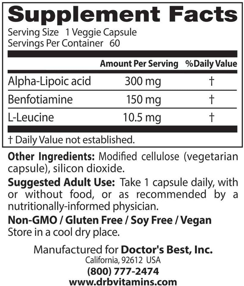 Doctor's BEST Benfotiamine 150 + Alpha-Lipoic Acid 300 60 Veg Capsules