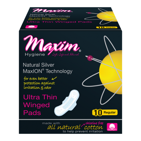 Maxim Hygiene Products Ultra Thin Winged Pads Natural Silver MaxION Technology Regular 10 Pads