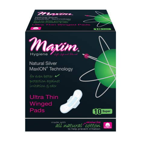 Maxim Hygiene Products Natural Silver MaxION Technology Ultra Thin Winged Pads Super 10 Pads