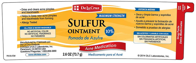 De La Cruz Sulfur Ointment Acne Medication 2.6 oz