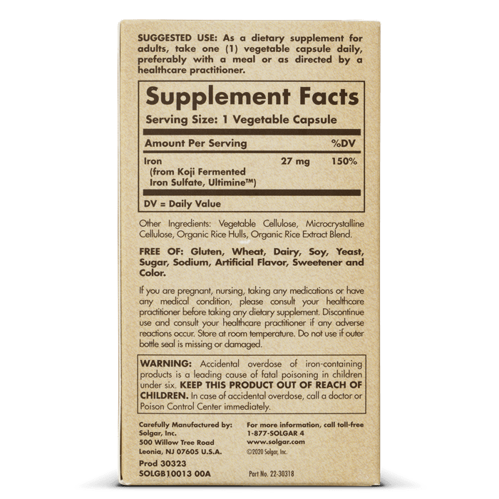 Solgar Earth Source, Koji Iron 27 mg 30 Veg Capsules