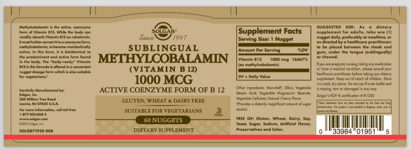 Solgar Sublingual Methylcobalamin (Vitamin B12) 1,000 mg 60 Nuggets