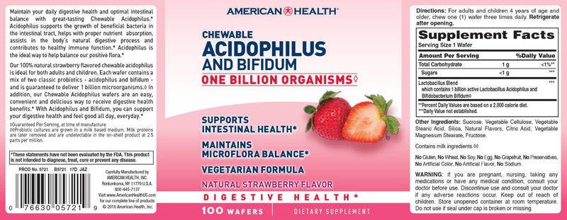 American Health Chewable Acidophilus and Bifidum Strawberry Flavor 100 Wafers