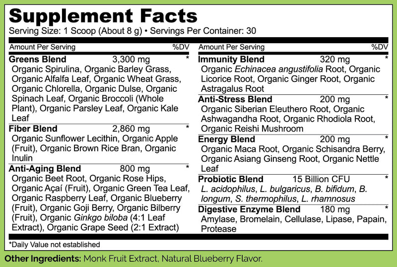 Naturelo Raw Greens Whole Food Powder Wild Berry Flavor 30 Servings 8.5 oz