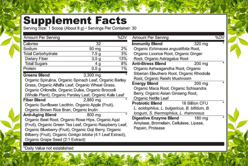 Naturelo Raw Greens Whole Food Powder Unsweetened 30 Servings 8.5 oz