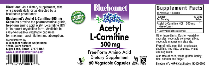 Bluebonnet Nutrition Acetyl L-Carnitine 500 mg 60 Veg Capsules