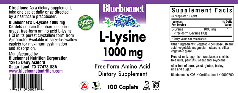 Bluebonnet Nutrition L-Lysine 1,000 mg 100 Caplets