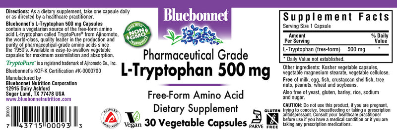 Bluebonnet Nutrition L-Tryptophan 500 mg 30 Veg Capsules