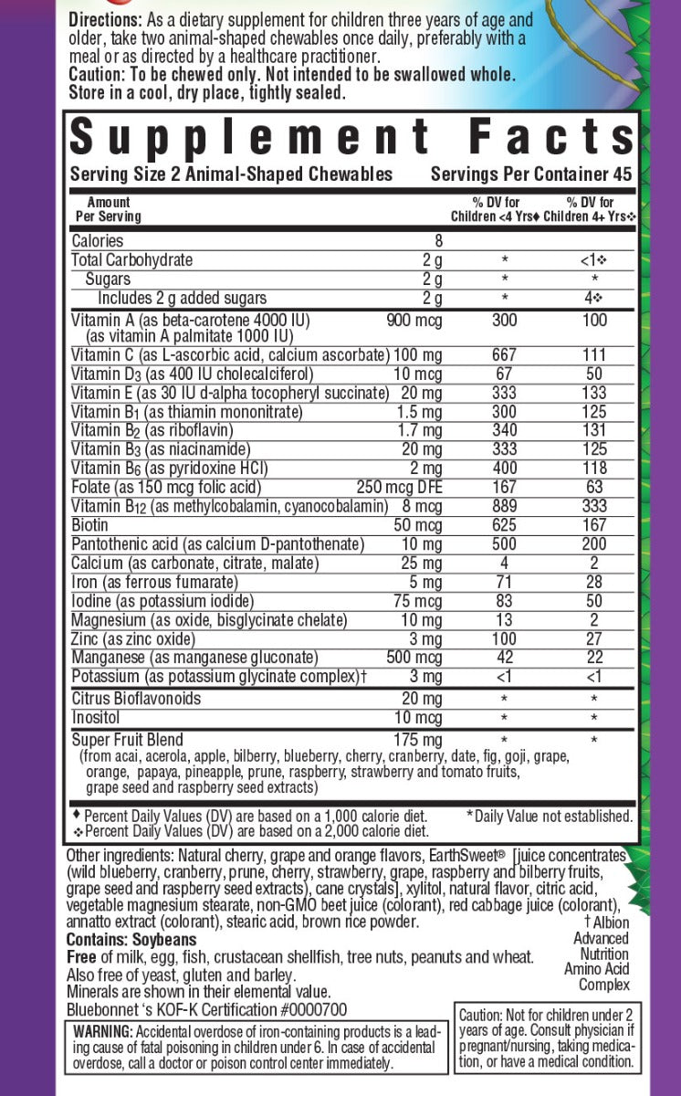 Bluebonnet Nutrition Rainforest Animalz Multiple Assorted Fruit Flavors 90 Chewables