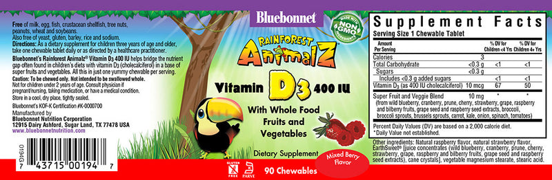 Bluebonnet Nutrition Rainforest Animalz Vitamin D3 400 IU 90 Chewables