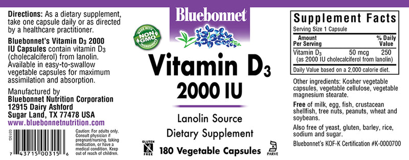 Bluebonnet Nutrition Vitamin D3 2,000 IU 180 Veg Capsules