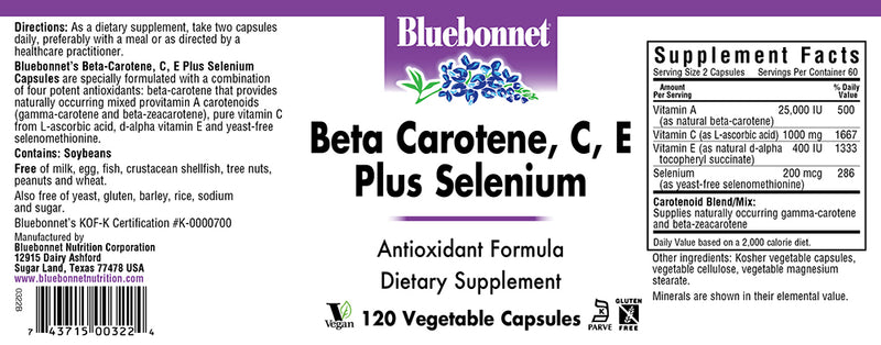 Bluebonnet Nutrition Beta Carotene C E Plus Selenium 120 Veg Capsules
