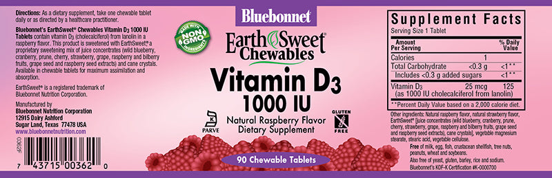 Bluebonnet Nutrition EarthSweet Chewables Vitamin D3 1,000 IU 90 Chewable Tablets