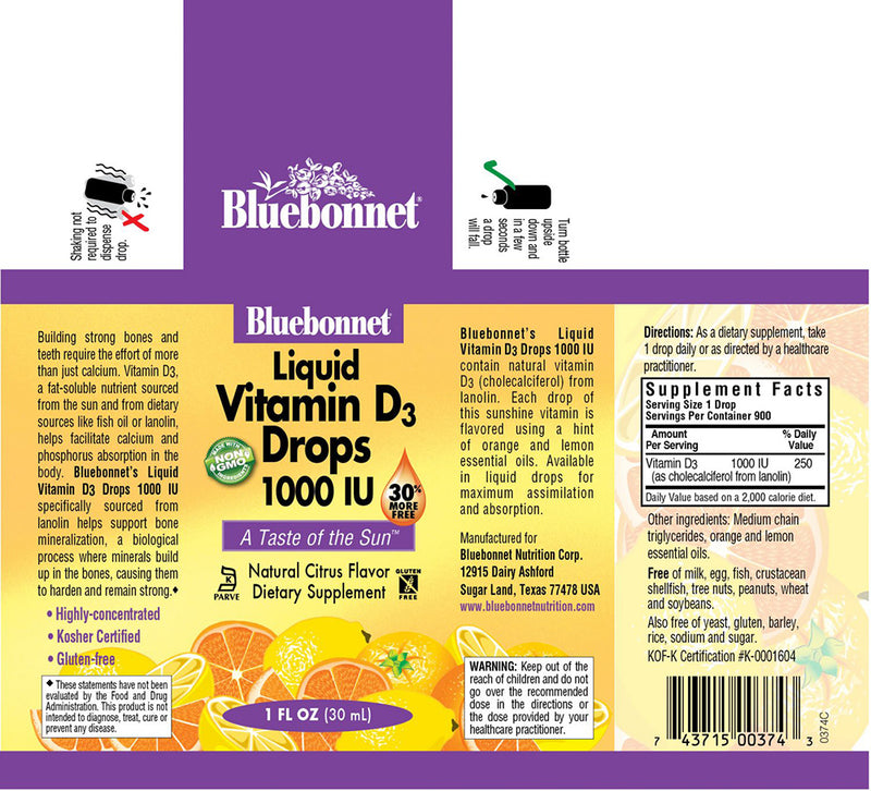 Bluebonnet Nutrition Liquid Vitamin D3 Drops 1,000 IU 1 fl oz