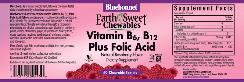 Bluebonnet Nutrition EarthSweet Chewables Vitamin B-6, B-12 Plus Folic Acid 60 Chewable Tablets