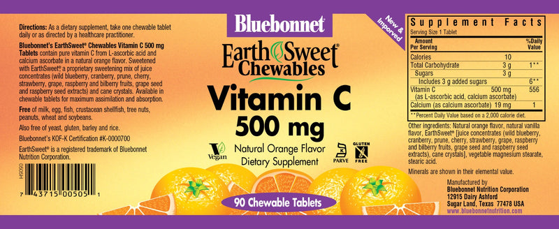 Bluebonnet Nutrition Earth Sweet Chewables Vitamin C 500 mg 90 Chewable Tablets