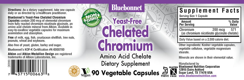 Bluebonnet Nutrition Chelated Chromium Yeast-Free 200 mcg 90 Veg Capsules