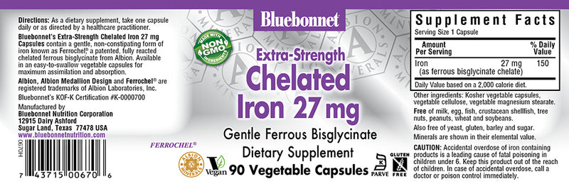 Bluebonnet Nutrition Chelated Iron 27 mg 90 Veg Capsules