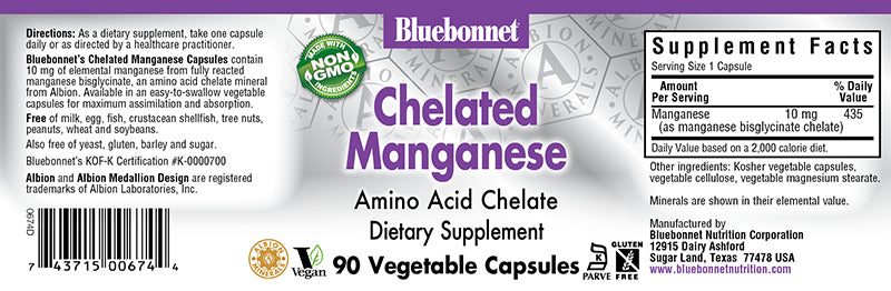 Bluebonnet Nutrition Chelated Manganese 90 Veg Capsules