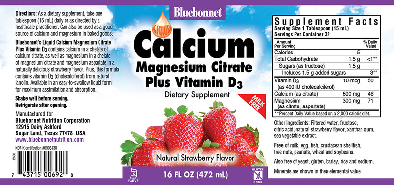 Bluebonnet Nutrition Liquid Calcium Magnesium Citrate Plus Vitamin D3 Strawberry 16 fl oz