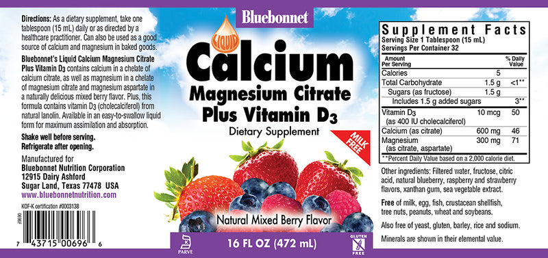 Bluebonnet Nutrition Liquid Calcium Magnesium Citrate Plus Vitamin D3 Mixed Berry 16 fl oz
