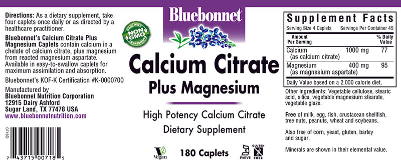 Bluebonnet Nutrition Calcium Citrate Plus Magnesium 180 Caplets