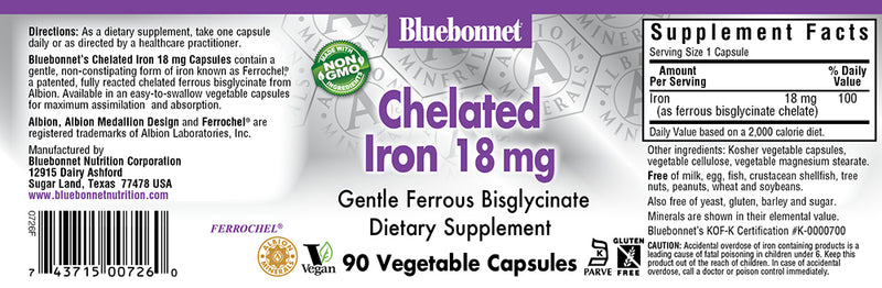 Bluebonnet Nutrition Chelated Iron 18 mg 90 Veg Capsules