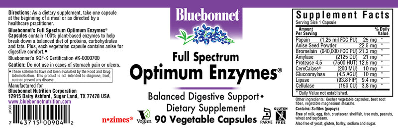 Bluebonnet Nutrition Full Spectrum Optimum Enzymes 90 Veg Capsules
