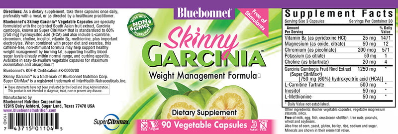 Bluebonnet Nutrition Skinny Garcinia Weight Management Formula 90 Veg Capsules