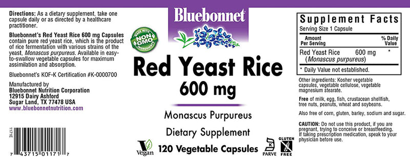 Bluebonnet Nutrition Red Yeast Rice 600 mg 120 Veg Capsules