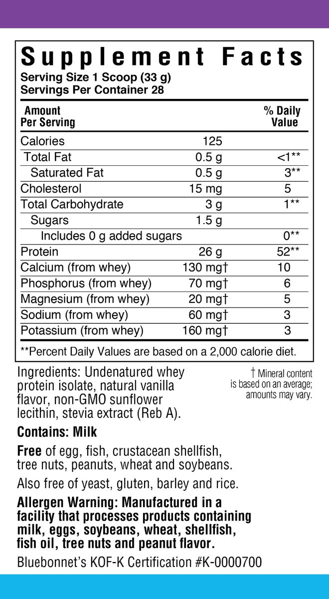 Bluebonnet Nutrition Whey Protein Isolate Powder Vanilla 2 lb
