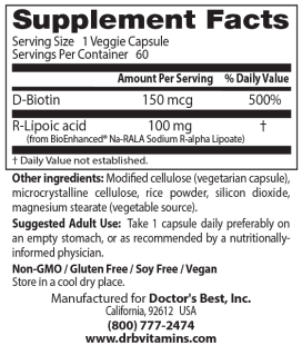 Doctor's Best Stabilized R-Lipoic Acid 100 mg 60 Veg Capsules