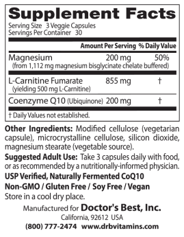 Doctor's Best CoQ10 L-Carnitine Magnesium 90 Veg Capsules
