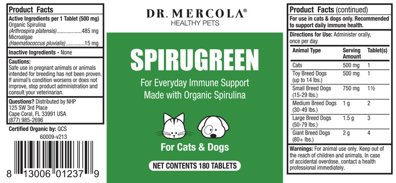 Dr. Mercola SpiruGreen Superfood for Pets 180 Tablets