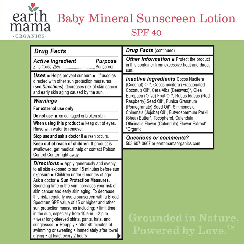 Earth Mama Baby Mineral Sunscreen Lotion SPF 40 3 oz