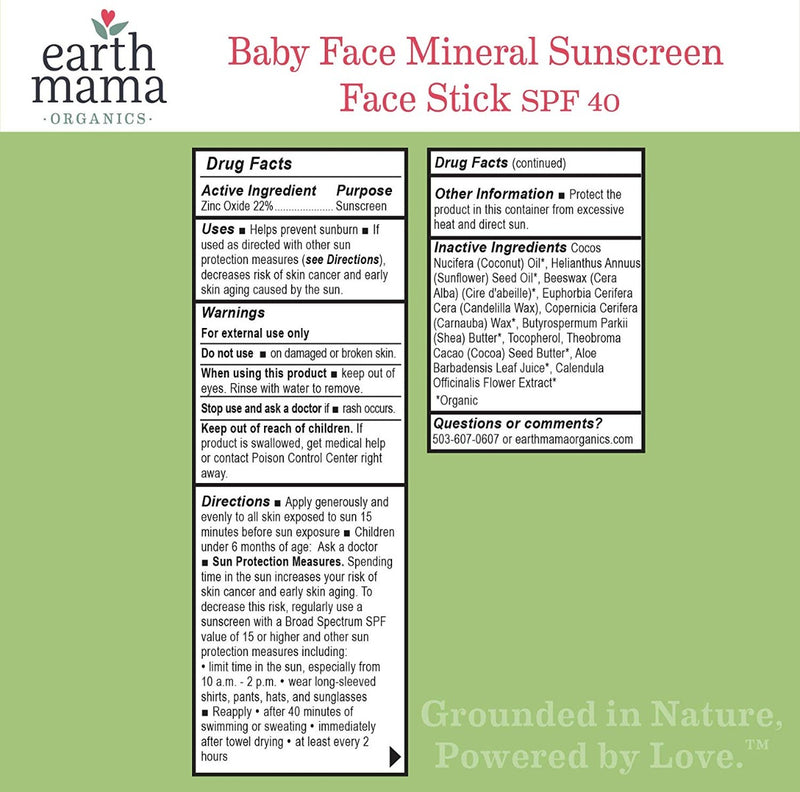 Earth Mama Baby Face Mineral Sunscreen Stick SPF 40 0.74 oz